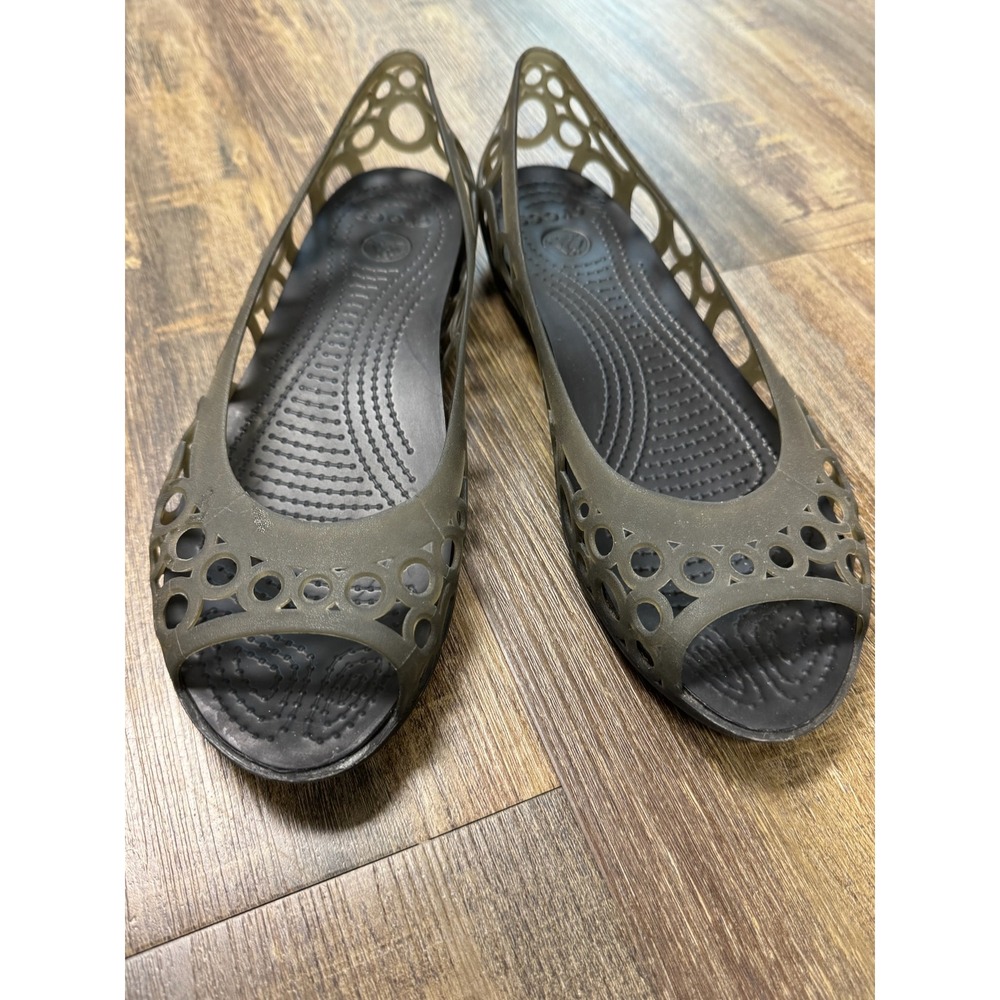 Crocs Adrina Peep Toe Flats Womens Size 9 Black Smoke Cutout Jelly Shoes - Picture 15 of 15